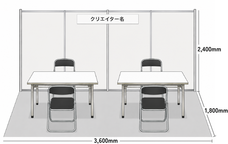 2ブースの寸法図（幅3,600mm × 奥行1,800mm × 高さ2,400mm）